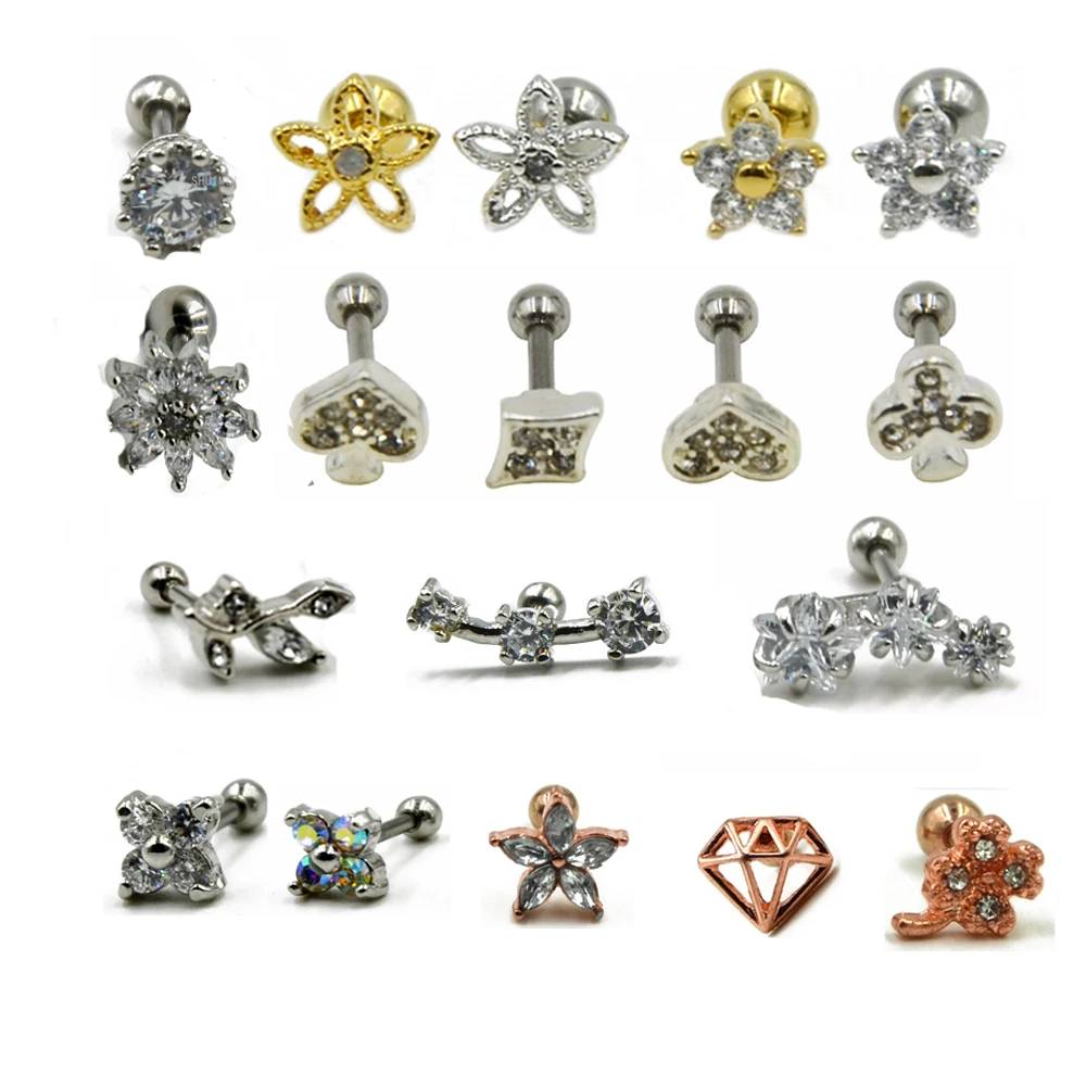 

1PCS Steel Prong Set Crystal Zircon Flower Ear Cartilage Tragus Helix Earring Piercing Labret Stud Lip Ring Charming Jewelry 16g