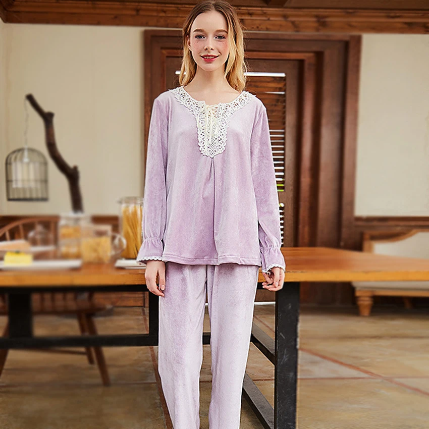 SpaRogerss Velvet Women Pajama Pants Set 2017 Autumn New Ladies Winter