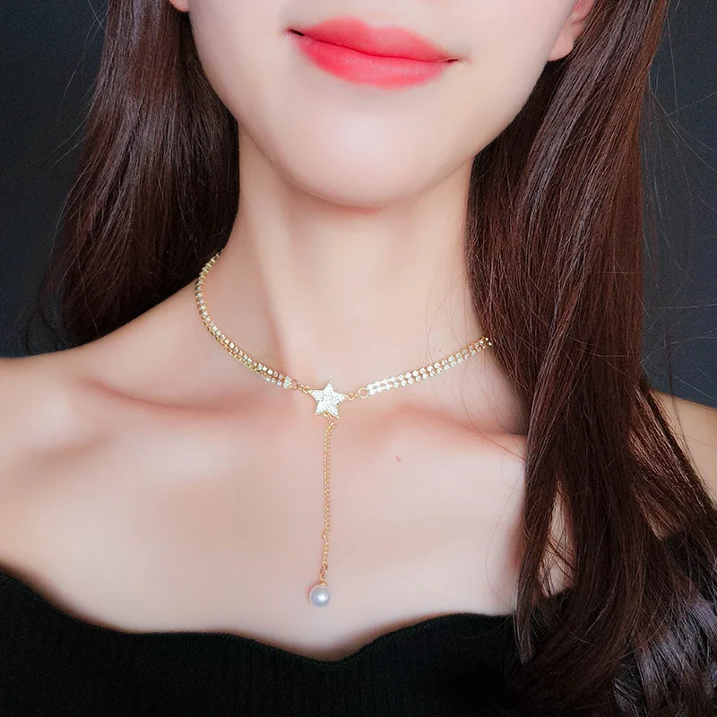 

2019 New Sterling Silver Pearl Necklace Female Korean Version Clavicle Temperament Student Five Pointed Star Direct Selling