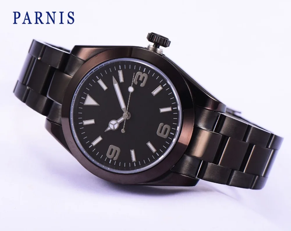 

Casual Watches 40mm Parnis Black Dial Hand-Winding Black Stainless Steel Men Watch Mechanical