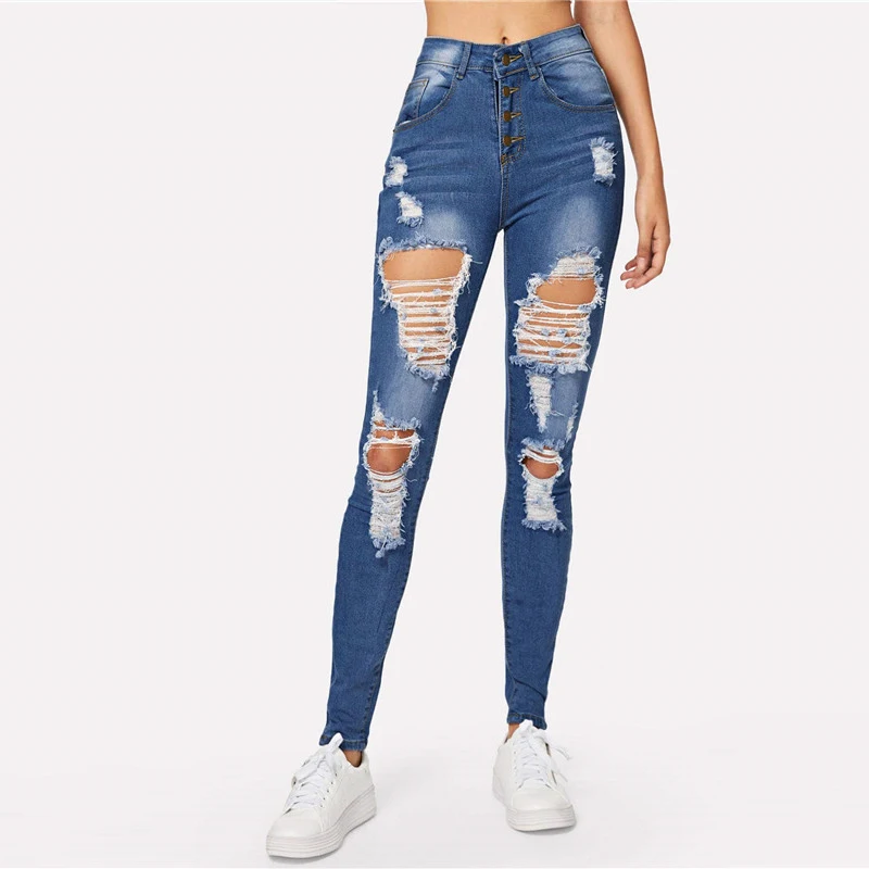 ROMWE/рваные джинсы скинни с потертостями на пуговицах, джинсовые со средней талией и карманами, штаны на молнии, длинные синие штаны на весну-осень