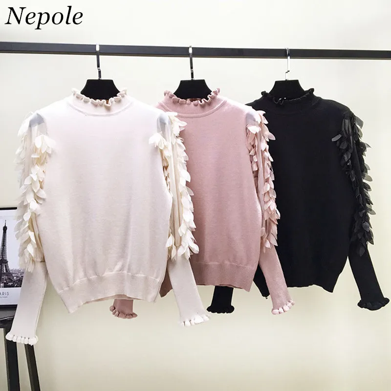 Neploe Solid Petal Mesh Patchwork Women Sweater Knitted Female Sweet Pullover 2021 Autumn Winter Fashion Chic Sueter Mujer 69050 | Женская