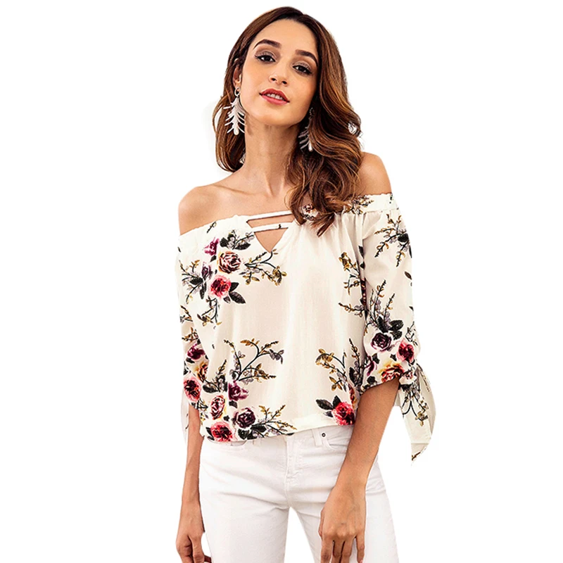 Sexy Off the Shoulder Tops Women Blouse Shirt Chiffon Floral Print
