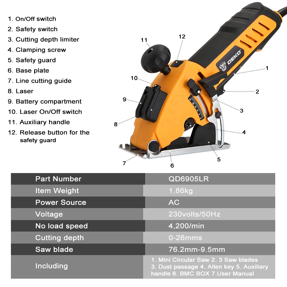 DEKO QD6905LR Mini Circular Saw with Laser, 4 Blades, Dust passage, Allen key, Auxiliary handle, BMC Box 0~28.5mm Power Tools DEKO QD6905LR Mini Circular Saw with Laser, 4 Blades, Dust passage, Allen key, Auxiliary handle, BMC Box 0~28.5mm Power Tools