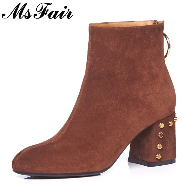 

MSFAIR Pointed Toe Square heel Women Boots Casual Fashion Zipper Metal Rivet Ankle Boots Women Shoes High Heel Ankle Boots Woman
