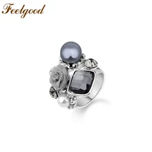 Feelgood Vintage Jewelry Antique Silver Color Crystal And Faux Pearl Rose Flower Fashion Retro Rings For Women