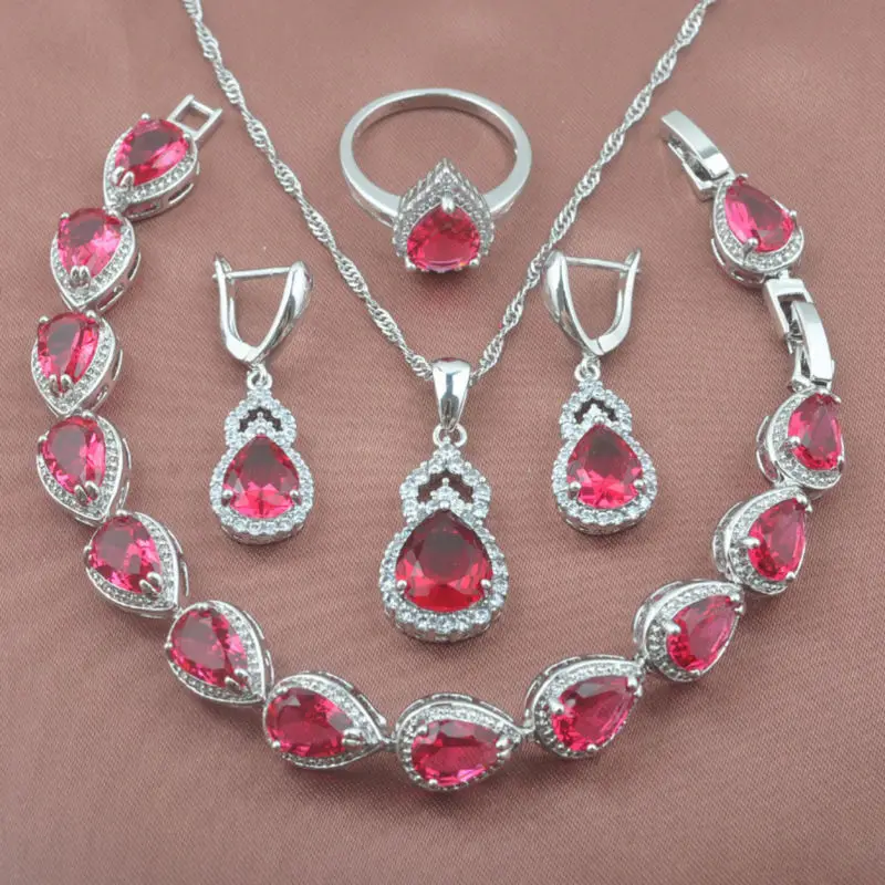 925 Sterling Silver Fantastic Red Stone Crystal Women's Jewelry Set