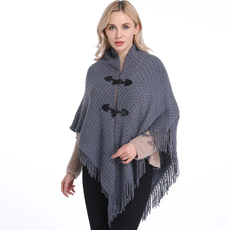 

Women's Fashion Poncho with Tassel Casual Button Irregular Knit Sweaters Women Loose Cape Coat Jacket Oversized Cardigan