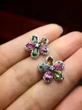 Natural multicolor tourmaline stud earrings 925 silver natural gemstone earrings Luxury flowers women’s party Earrings jewelry