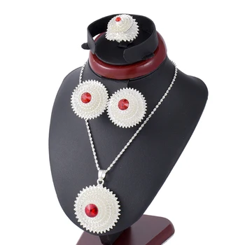 

Red Stone Ethiopian Silver Jewelry Sets for Women Necklace Earring Sets Habesha Gold Bangles Wedding African Bride jewelry Sets
