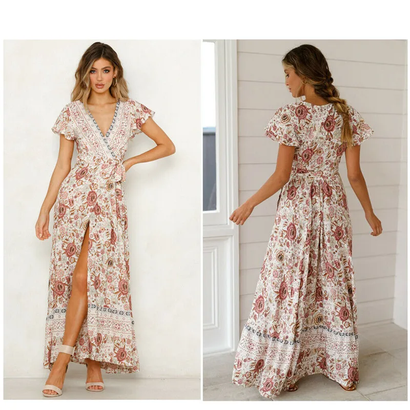 Summer women's clothing 2019 New sell well fashion Print Dress Boho V neck Short sleeve Long section Women's clothing Dress