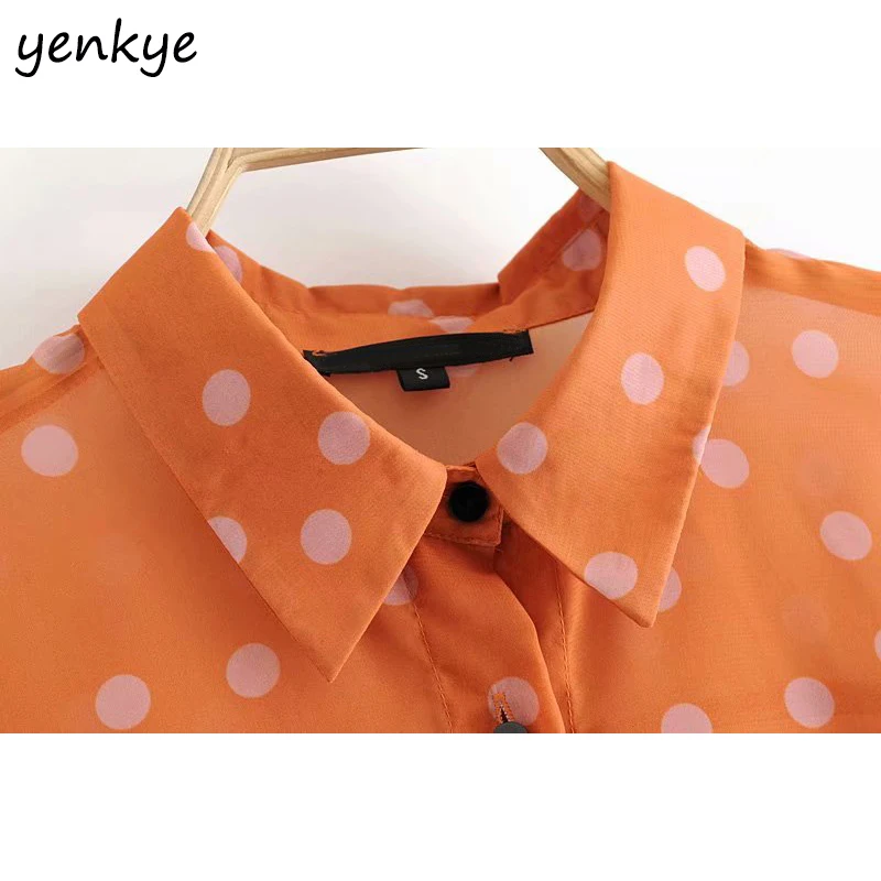 خمر البولكا نقطة طويلة قميص المرأة المعتاد بلوزة شيفون كم طويل بدوره إلى أسفل طوق الشارع الشهير الصيف البلوزات قمصان