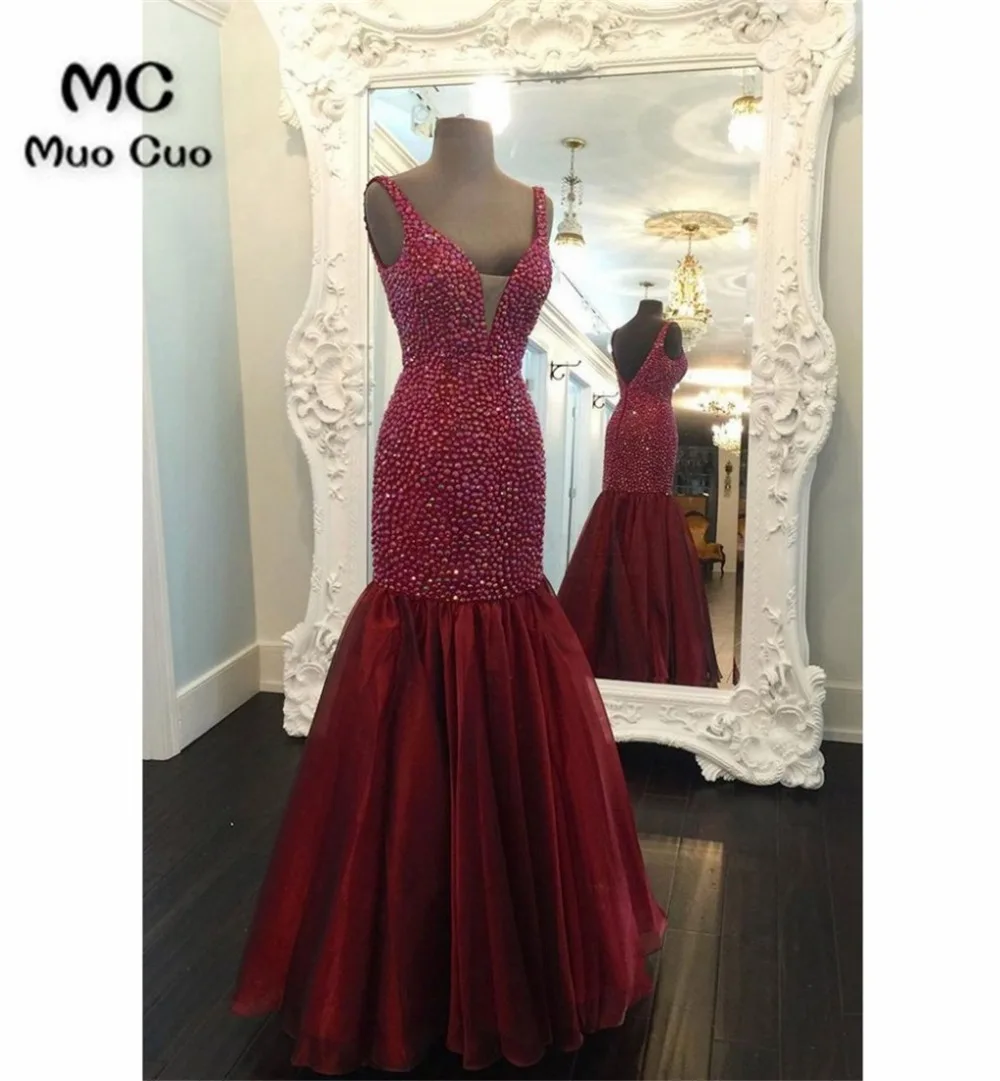 Burgundy Long Mermaid Prom Dresses with Beading