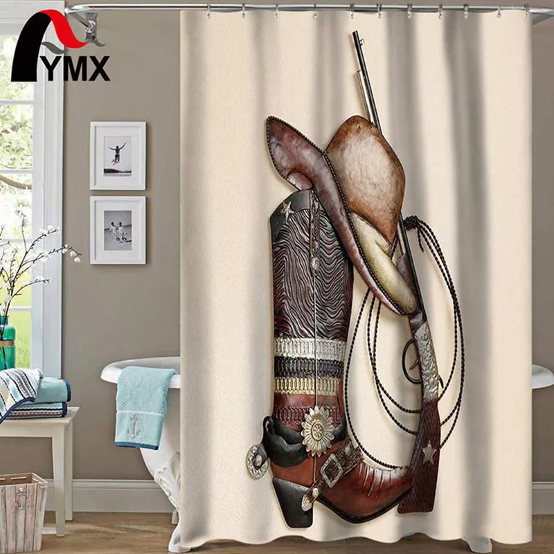Coffee Color Shower Curtain Cowboy Boots Hat Gun Waterproof Polyester Fabric Bathroom Products