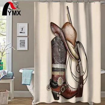 

Coffee Color Shower Curtain Cowboy Boots Hat Gun Waterproof Polyester Fabric Bathroom Products Curtains Shower Bathtub Decor
