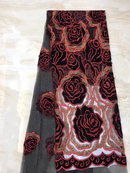 

African Lace Fabric 2019 High Quality African Velvet Lace Fabric Red Rose Flowers Nigerian Lace Fabrics For Wedding Party Dress