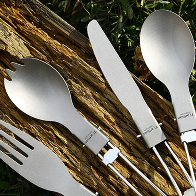 Triartisan титановые столовые приборы набор ножей вилка ложка Открытый Отдых Путешествия чистый титановый набор посуды с сетчатой сумкой