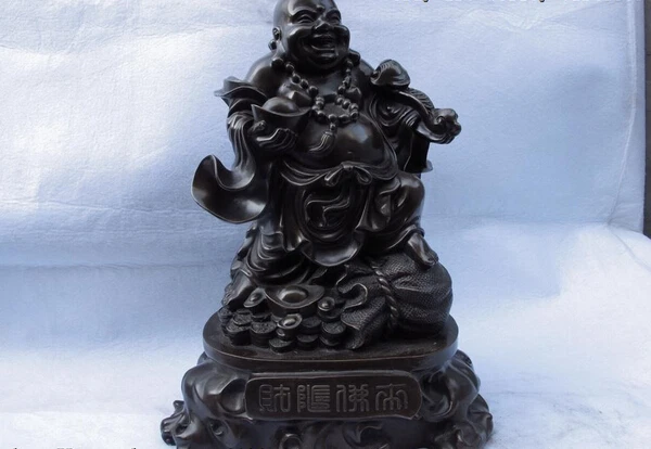 

S1266 Chinese Copper Bronze Lucky YuanBao RuYI Coin Maitreya Rohan Monk Buddha Statue D0318