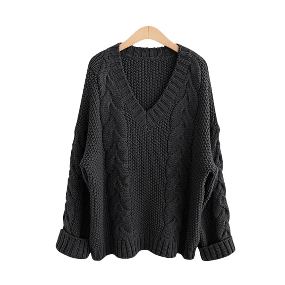 Осенне-зимний женский свитер, однотонный теплый свитер большого размера с длинным рукавом, Повседневный пуловер с v-образным вырезом, свободные вязаные свитера черного цвета