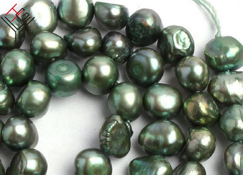 One Strands Real Pearl 6 7mm Dark Green Pearl Flat Baroque Natural
