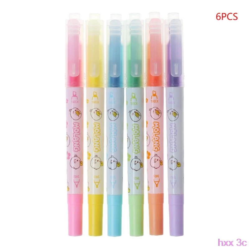 

6pcs Cartoon Double Head Writing Fluorescent Pen Art Highlighter Drawing Marker Pens Office School Supplies
