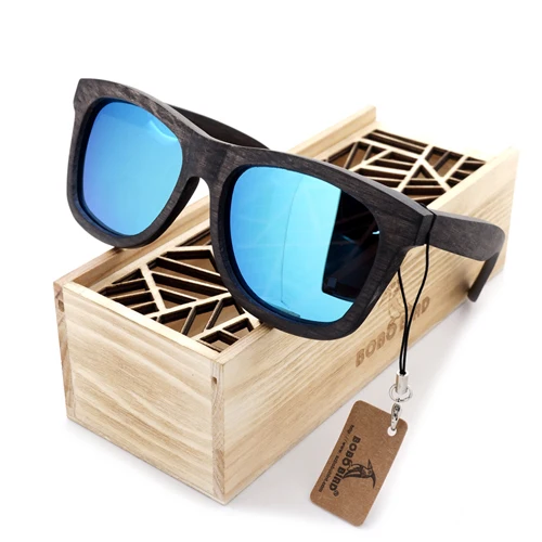 Bobobird мужские ретро деревянные бамбуковые солнцезащитные очки Квадратные Летние Стильные Роскошные брендовые дизайнерские солнцезащитные очки Polaroid в подарочной коробке - Цвет линз: Blue Lens