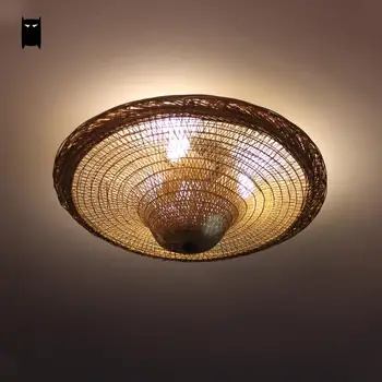 

Bamboo Wicker Rattan Straw Hat Shade Ceiling Light Fixture Vintage Industrial Retro Rustic Country Lamp Restaurant Kitchen Room