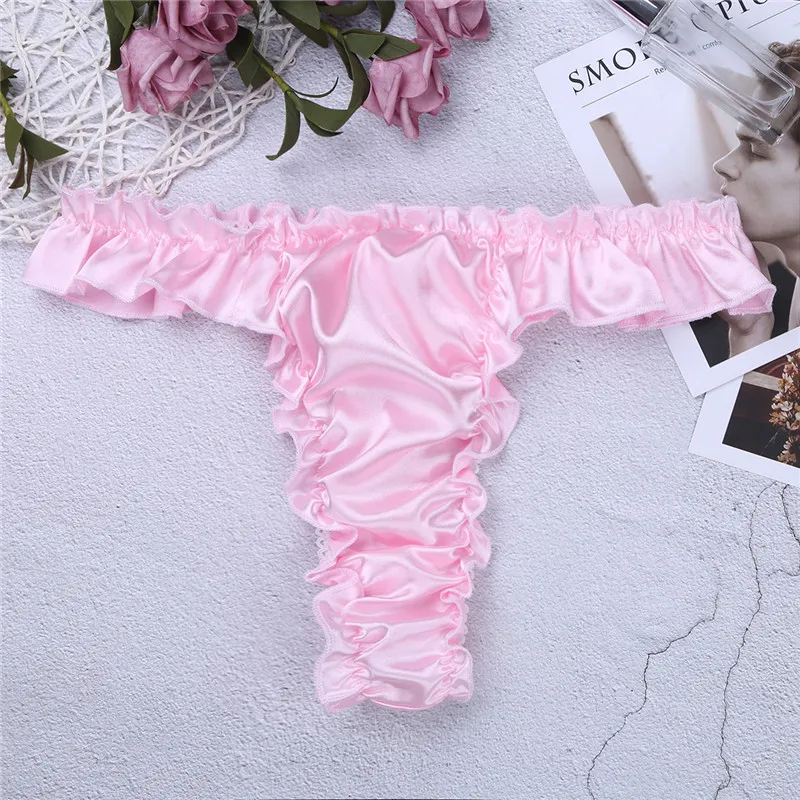 Hot Sexy Mens Satin Underwear T Back Sissy Panties Grid Thong Seamless Enhance Pouch GayBikini Briefs Pants Mens Underwear -