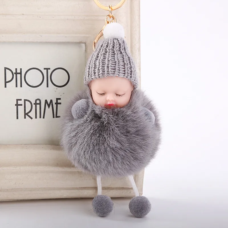 

Sleeping Cute Baby Plush Trendy Key Chain Lady's Bag Hanging Ball Of Hair Keyring Accessories Rabbit Fur Jewelry Gift 6C0882