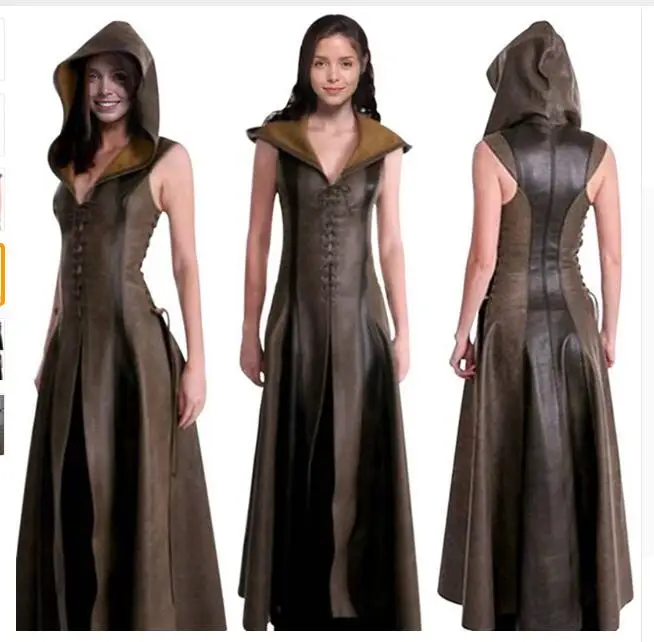 Women Fashion Sexy Slim Lace Up Leather Medieval Ranger Long Dress Adult Coats Cosplay Disfraz Mujer Costume Halloween