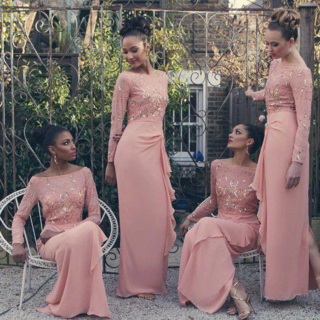 2017 New Arrival Pink Chiffon Long Bridesmaid Dresses With 2017 New Arrival Pink Chiffon Long Bridesmaid Dresses With Sleeve Sequins Beaded Wedding Party Dress