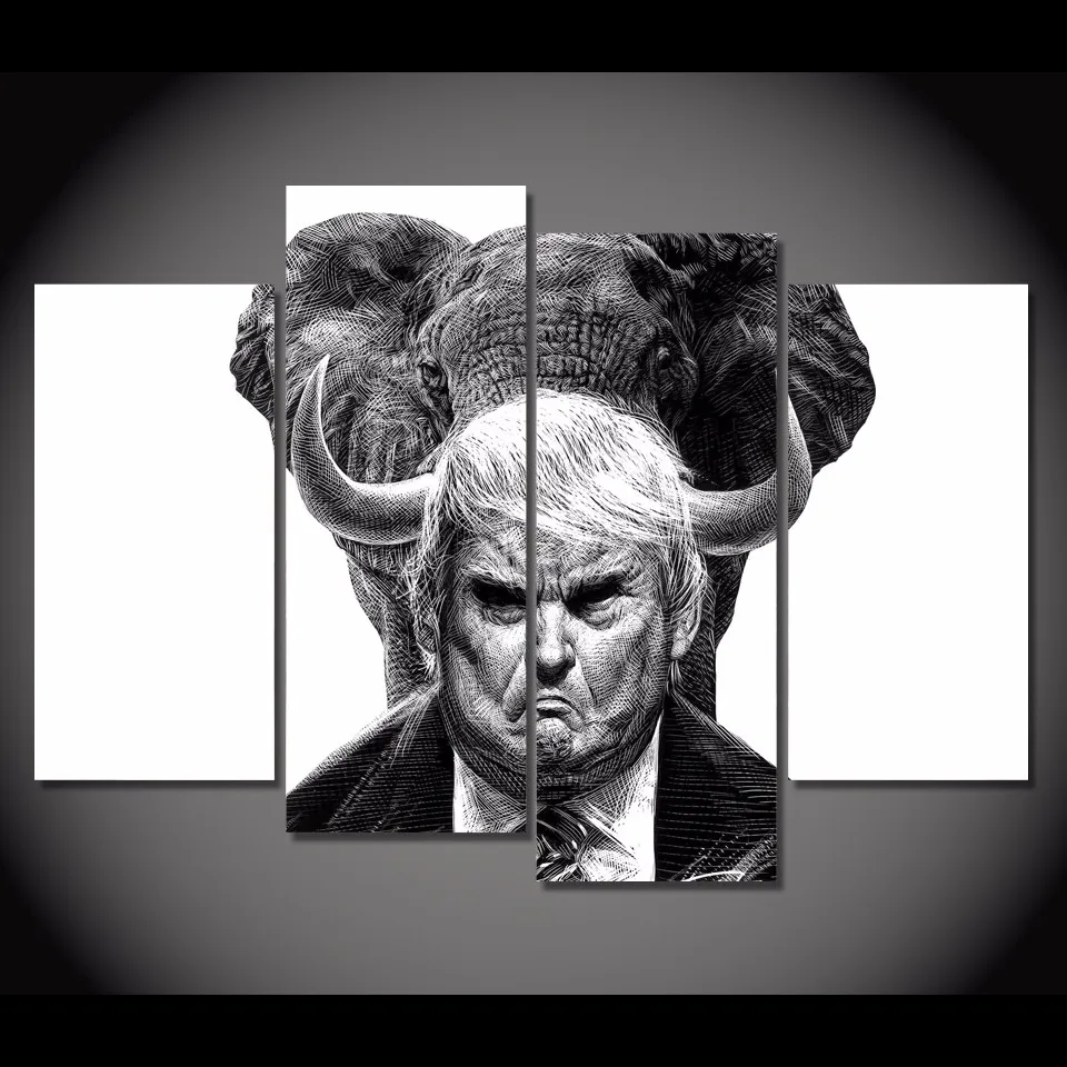 4 Pcs/Set Framed HD Printed Cartoon Trump Elephant Picture Wall Art