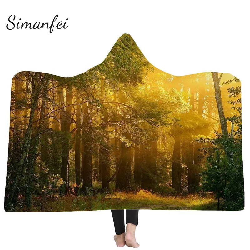 

Simanfei 2019 Fashion Hooded Blanket 3D Landscape Printed for Adults Sofa Fleece Wearable Wrap Throw Blanket Microfiber