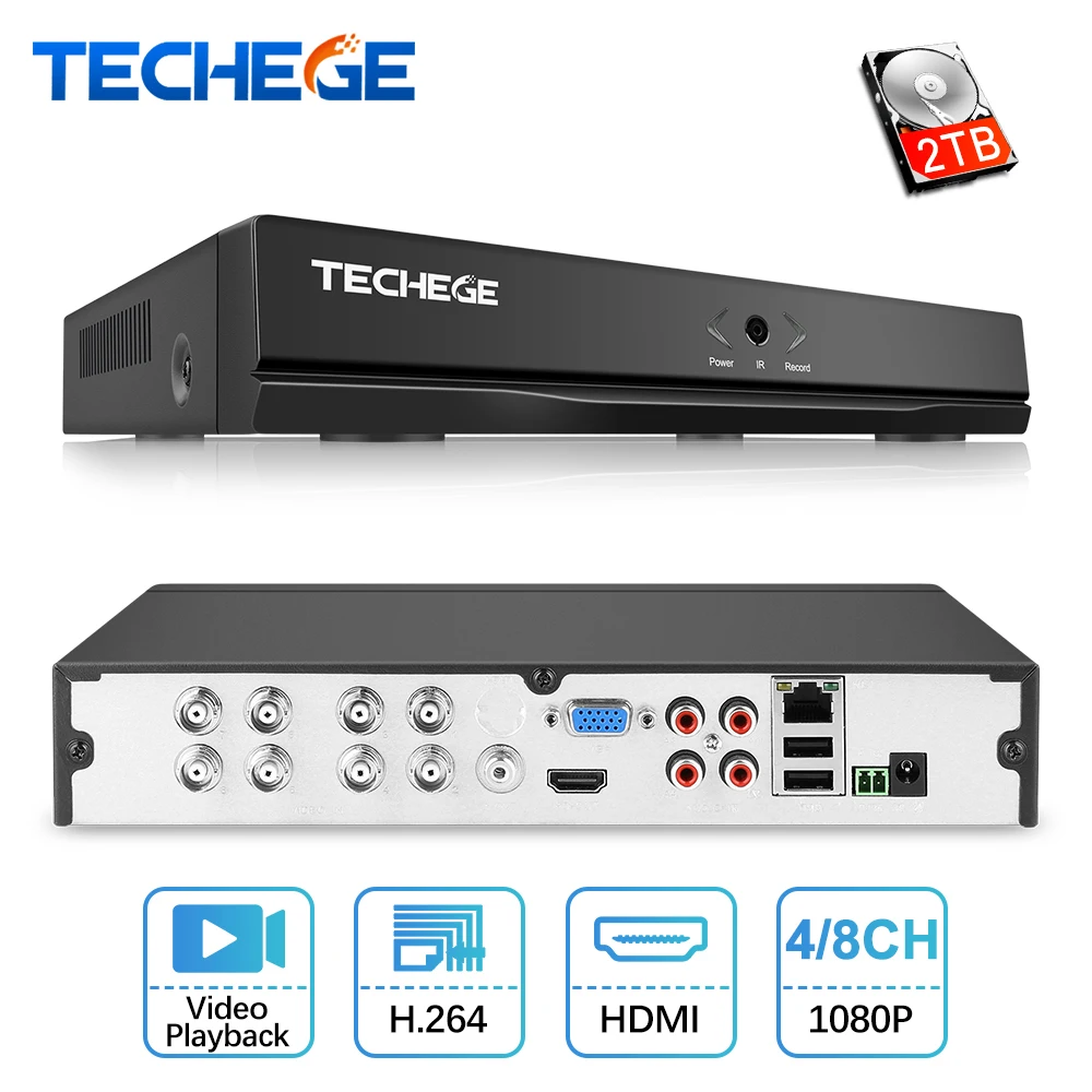 Techege 4 канала 8 каналов AHD DVR видеонаблюдения CCTV видео рекордер 720 P/1080N Гибридный для