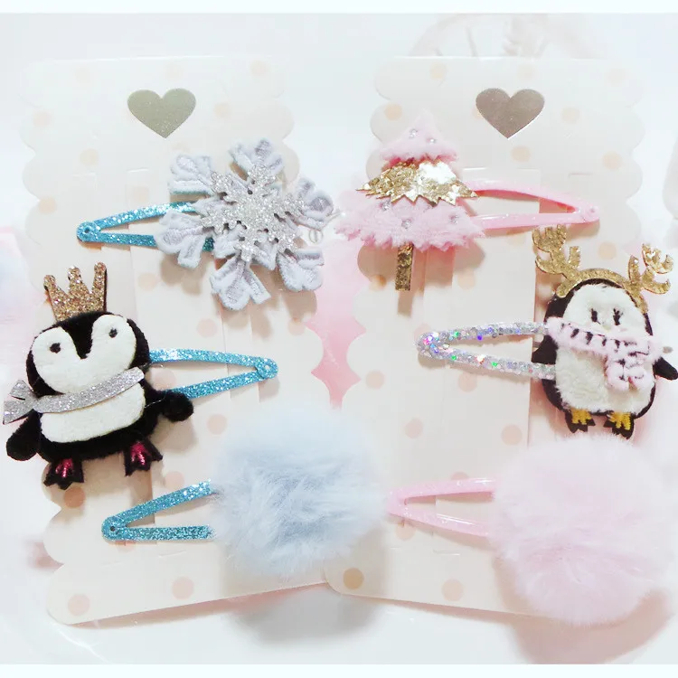 

Boutique 1 Set Fashion Glitter Tiaras Reindeer Penguin Snap Clips Fur Pom Pom Snowflake Tree Barrettes Princess Xmas Headwear