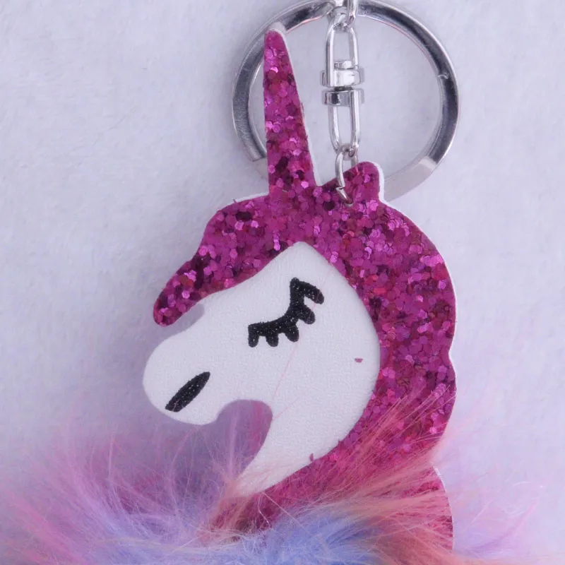 

PINXIUColorful Fluffy Unicorn Pony Keychain Pendant Cute Pompom Artificial Rabbit Fur Key Chain Bag Car KeyRing Hang Bag Jewelry