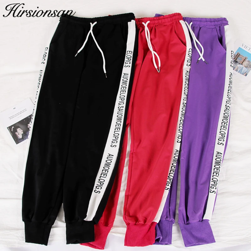 

Hirsionsan Joggers Women 2019 Spring Korean High Elastic Waist Pants Loose Side Letters Printed Pants Sportswear Red Cargo Pants