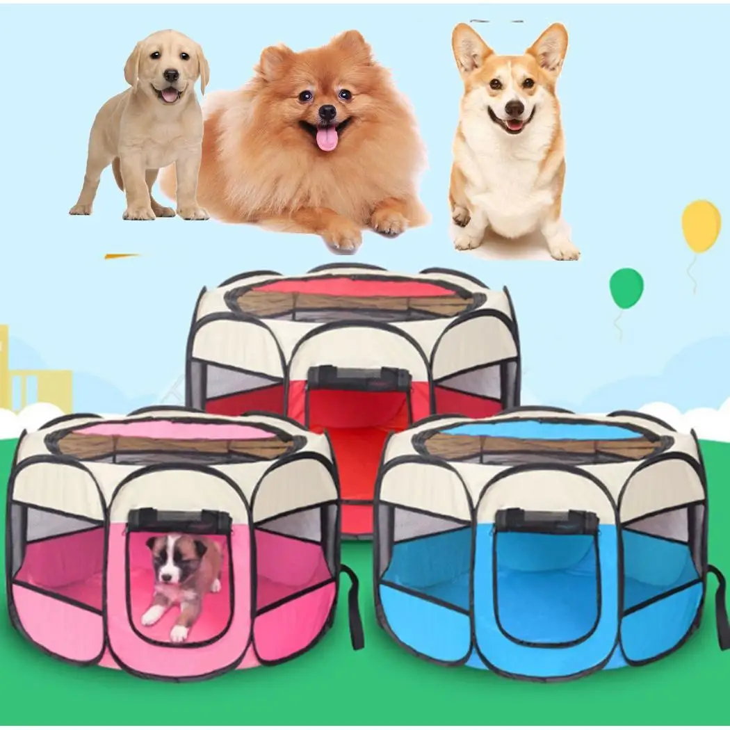 Pet Tent Portable Detachable House Puppy Dog 8 Angular Design Soft Kennel Cat Cage Home Blue, Pink, Red