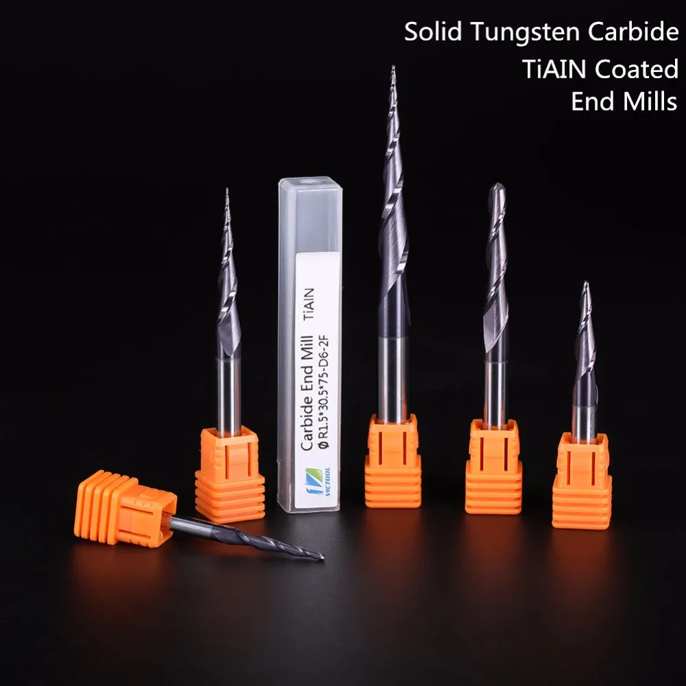 

HRC55 R0.25-R2.0 Tungsten solid carbide TiALN Coated Taper Ball Nose End Mills,cone milling cutter,woodworking router bits