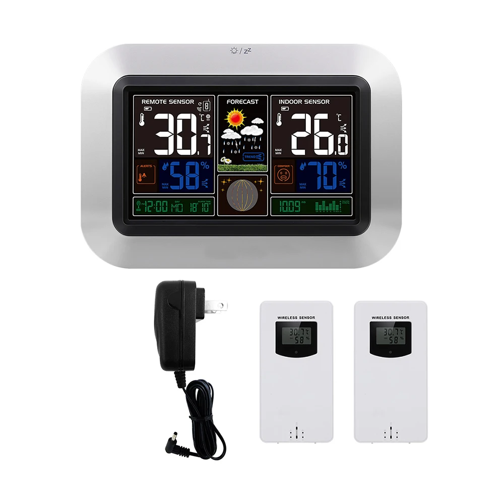 

US Plug 2 Outdoor Sensor Wireless Weather Station Digital Thermometer Hygrometer Alarm Clock WWVB RCC Large Size LCD Display