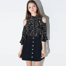 Women Shirts Starry Sky Print Sexy Off Shoulder Half Sleeve Blusas Femininas Stand Collar Casual Blouse Womens Tops Fashion 2016