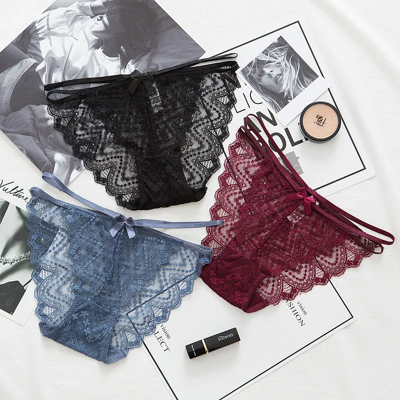 

Yhotmeng fine belt girl sexy lace women's underwear hollow transparent low waist cotton bottom women's underwear