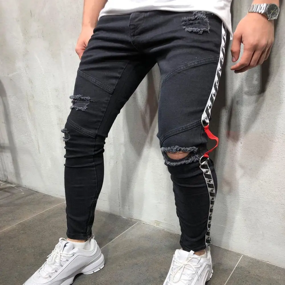 Новинка тонкие хип-хоп мужские джинсы мужские рваные модные джинсы