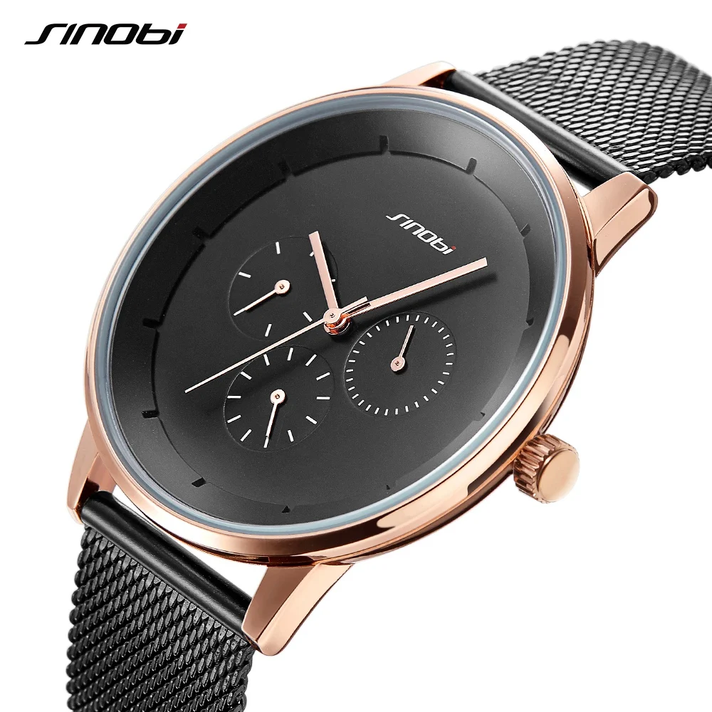 

SINOBI Top Brand Fashion Men's Watches Chronograph Alloy Mesh Strap Business Simple Quartz Wrist Watches Clock Reloj Hombre