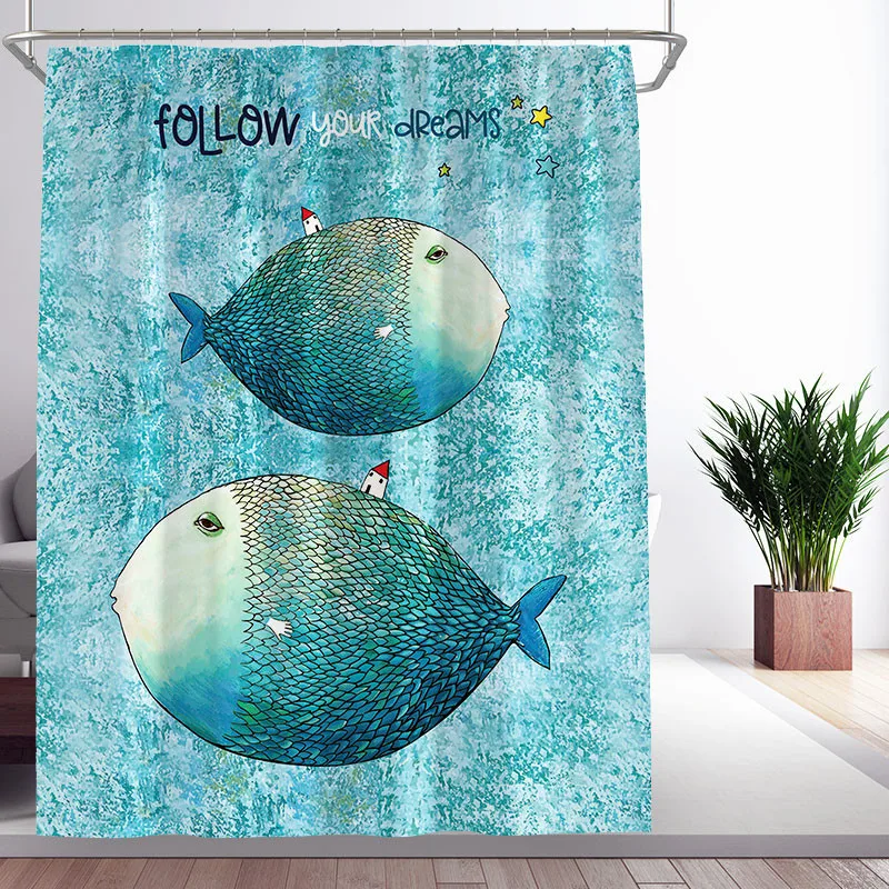 Cartoon Cute Fish Shower Curtain Waterproof Polyester Thickened Toilet Partition Curtain