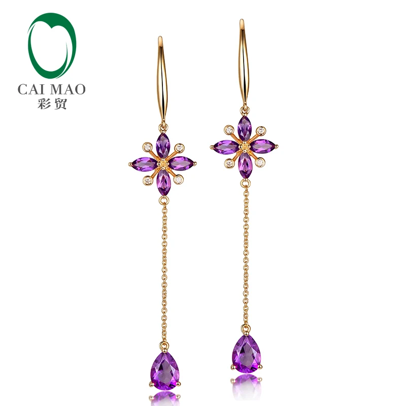 Caimao 2.45ct Purple Amethyst Diamond Dangle 14K Yellow Gold Drop Earrings for Women Fine Jewelry