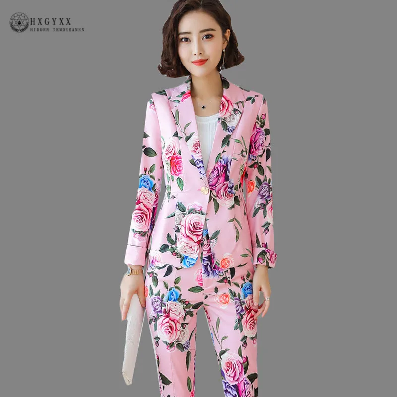 Цветочный принт, деловой костюм для женщин, для офиса, Женский блейзер, набор, OL, блейзеры, куртка, Униформа, длинный рукав, китайский стиль, брюки, костюм, B133 - Цвет: Розовый