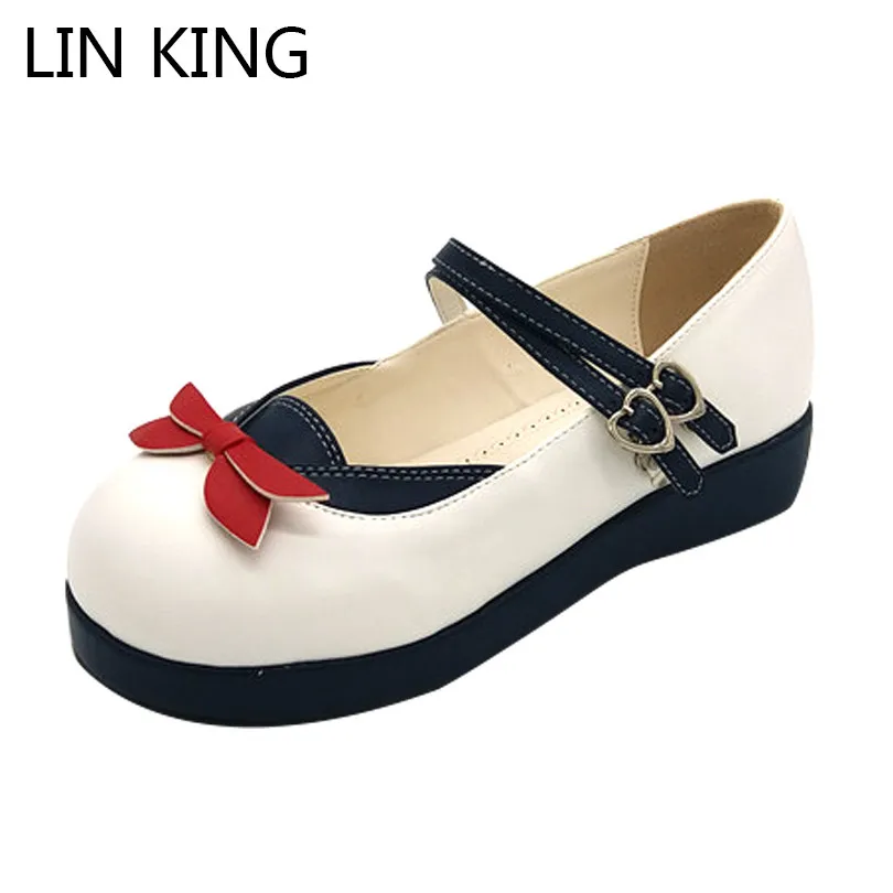 

LIN KING Fashion Wedges Women Pumps Sweet Bowtie Lolita Shoes Casual Buckle Round Toe Platform Shoes Thick Sole Lady Party Shoes