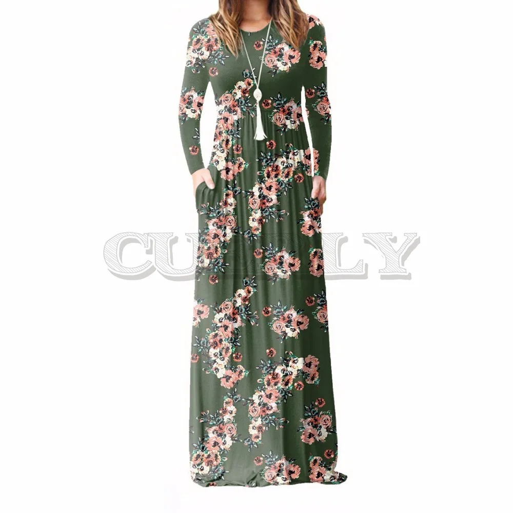 Image XXL Plus Size Long Dress Women 2019 Autumn New Printed Maxi Dress Dropship Casual Floor Length Sundress Pockets Party 7 Colors