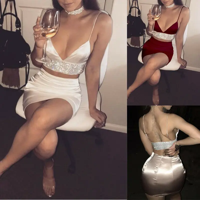 New Style Women's Set Sleeveless Bandage Bodycon Sequined Party V Neck Mini Skirts Summer Skinny Short Backless | Женская одежда